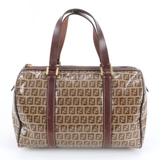 Fendi Beige Brown Leather Coated Canvas Boston Bag Handbag Tote Bag (Pre-Owned)