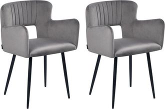 Beliani Set of 2 Chairs Dining Chair Grey Velvet with Armrests Cut-Out Backrest Black Metal Legs SANILAC