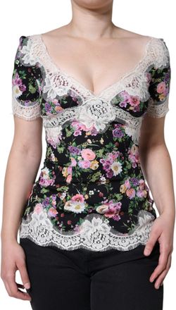 Dolce & Gabbana Womens Black Floral Lace Short Sleeves Blouse Top Silk Cotton Nylon Elastane
