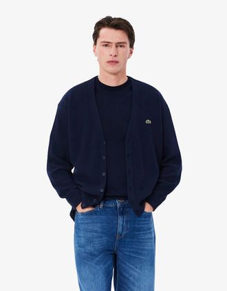 Lacoste Mens Lacoste Relaxed Fit Moss Stitch Mens Wool Cardigan - Navy Blue 166 - Size: 40