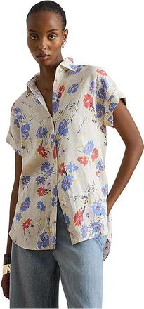 Lauren Ralph Lauren Relaxed Fit Floral Short-Sleeve Shirt Womens Clothing Cream/ : XS, Linen