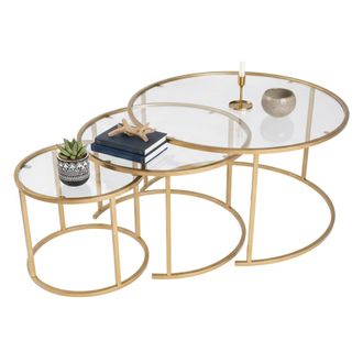 Dmora Dmora - Juego De 3 Mesas De Centro Rowan, Mesa De Centro Baja, Revistero Para Sof&aacute;, Estante De La Sala De Estar, 80x80 H43 Cm, Oro Y Transparente
