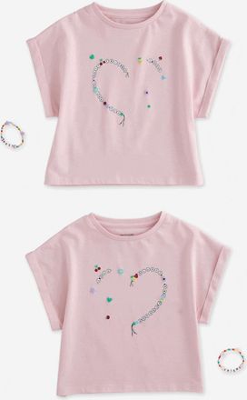 Vertbaudet Set BEST FRIENDS: 2 T-Shirts & 2 Freundschaftsarmb&auml;nder, Herz-Motiv lila