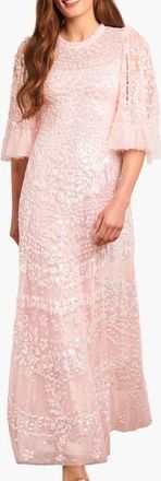 Needle & Thread Anais Sequin 3/4 Sleeve Maxi Gown in Seashell at Nordstrom, Size 10