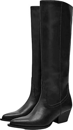 Generic Womens Wide Tube Leather High Boots Block Heel Western Cowboy Style Knee-High Boots