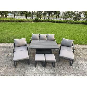 Fimous Aluminum 9-Seater Sofa Set with Lifting Table, 2 Chairs & 4 Footstools in Dark Grey