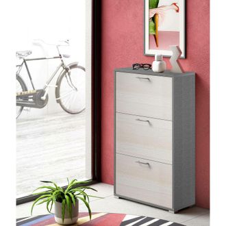 Dmora Zapatero Peonia, Mueble De Entrada Polivalente Con 3 Puertas Abatibles, Zapatero De Doble Profundidad, 100% Made In Italy, Cm 67x28h112, Blanco Y Ceme