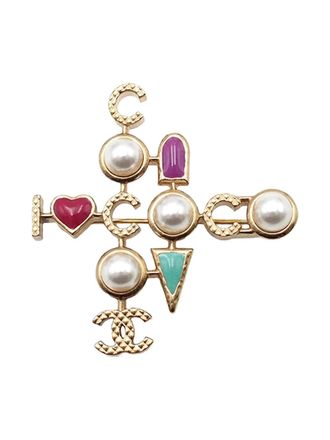 Chanel 2017 CC Gold Plated Faux Pearl I Heart Coco Brooch costume brooch - Goud