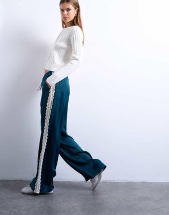 Topshop Pantaloni in raso blu medio con inserto in pizzo