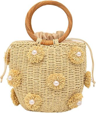 Generic Women Straw Tote Handbag with Pearls Drawstring Wrist Purse Hand-Woven Straw Bag Summer Holiday Beach Bag (Beige)