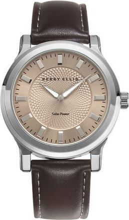 Perry Ellis Solar Faux Leather Strap Watch in Silver/Beige at Nordstrom Rack