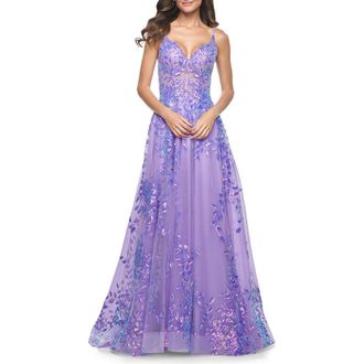 La Femme Sequin Lace Print Tulle A-Line Prom Dress with Illusion Bodice in Periwinkle at Nordstrom, Size 16