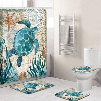 OEM Juego De Cortina De Ducha Con Tortugas Marinas, Alfombrillas Antideslizantes, Cortina De Ba&ntilde;o Resistente Al Agua