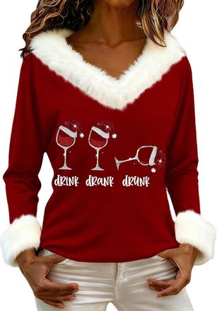 Generic Womens Ugly Christmas Sweatshirt Faux Fur Trim V Neck Long Sleeve Tops Xmas Novelty Santa Wine Glass Graphic Pullover Shirt (Z01-Red, XL)