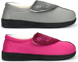Generic Womens Wide Slippers Womens Strap Fastening Slippers Size 5 Ladies Wide Slipper Size 3 Touch Fastening Slipper Memory Foam Sizes 3-8 Grey/Fuchsia 5 UK