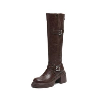 Generic Womens PU Leather Knee High Boots with Side Zipper Round Toe Platform Boots Chunky Heel Long Boot with Buckle,Brown,5.5 UK