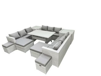 Fimous Rattan Garden Furniture Dining Set 13 Seater Lounge Sofa Dining Table Set with 4 Footstools 2 Side Tables Light Grey Mixed