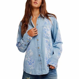Free People Airbrushed Blossom Denim Shirt In Sky Blue