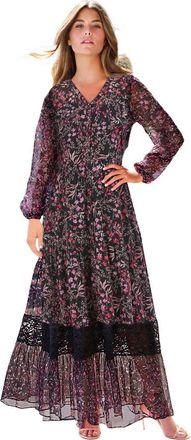 Roaman's Lace Tiered Maxi Dress in Soft Blush Roses at Nordstrom, Size 12