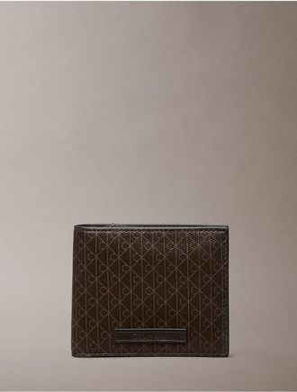 Calvin Klein Mens Allover Emblem Logo Bifold Wallet with Coin Pouch - Brown