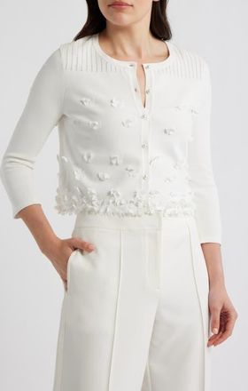 Elie Tahari Alana Floral Appliqu&eacute; Cardigan in Sky White at Nordstrom, Size X-Large