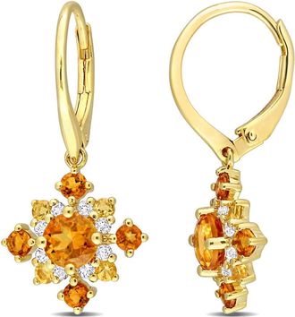 Amour 2 1/10 CT TGW Citrine, Madeira Citrine and White Topaz Leverback Cluster Drop Earrings In Yellow Plated Sterling Silver
