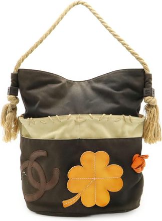 Chanel Beige Black Canvas Leather Wood Handbag Tote Bag (Pre-Owned)