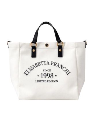 Elisabetta Franchi Spacious Ivory and Black Tote Bag with Gold Accents