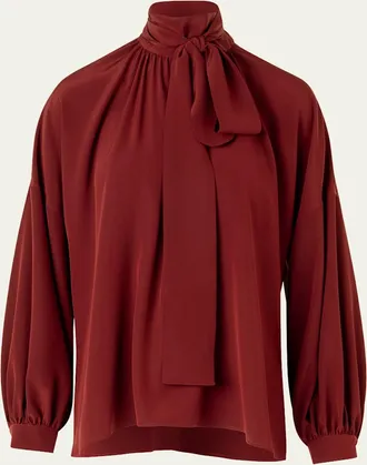 Akris Mock-Neck Bow Tie Silk Crepe De Chine Blouse