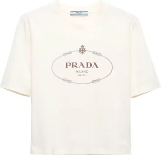 Prada logo-print cotton cropped t-shirt - women - Cotton - M - Neutrals
