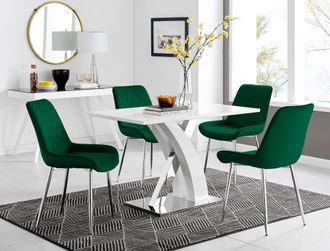 Furniturebox Atlanta White High Gloss & Chrome 4 Seater Dining Table with X Shaped Legs & 4 Soft Velvet Pesaro Chairs in Green
