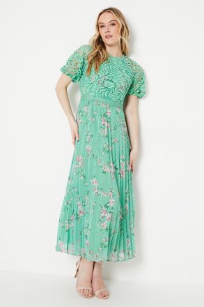 Oasis Womens Occasion Floral Lace Bodice Pleated Midi Dress - Sage Green - Size 14 UK