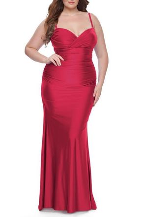 La Femme Ruched Jersey Plus Size Dress with Lace Up Back in Red at Nordstrom, Size 16W