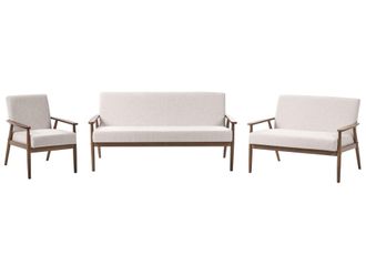 Beliani Set Salotto 3 Posti 2 Posti E Poltrona Rivestimento In Poliestere Struttura In Legno Beige E Marrone Scuro Esrum