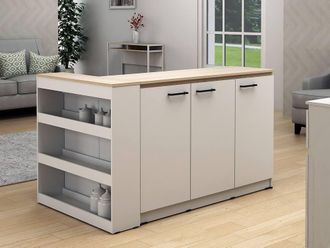 Vente-Unique Kitchen Island Set + 2 Stools - White & Light Natural - NUSICE in Light Oak