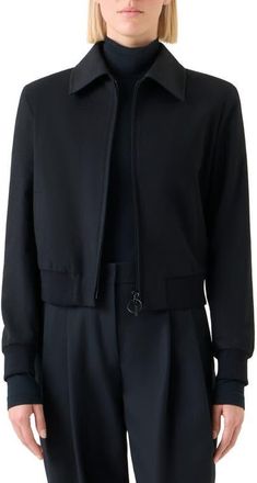 Akris Wool Blend Crop Bomber Jacket in Black at Nordstrom, Size 12