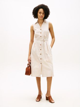 Tommy Hilfiger Womens Stripe Linen-Cotton Blend Shirtdress - Beige - XXL
