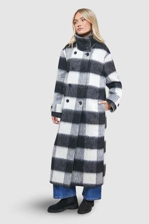 Oasis Brushed Check Funnel Neck Coat in Black at Nordstrom, Size 6