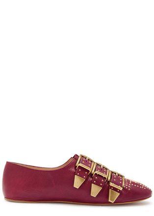 Chlo&eacute; Susan Stud-embellished Grained Leather Flats - Burgundy - 37 (IT37 / UK4)