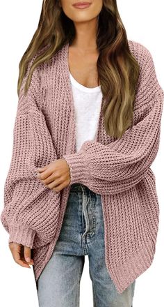 Generic Womens Chunky Knit Open Front Sweater Long Lantern Sleeve Oversized Knitwear Cardigans Pink
