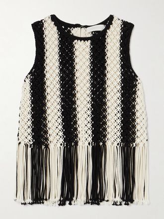Zimmermann Top In Cotone Macram&egrave; A Righe Con Frange Wanderlust - Nero