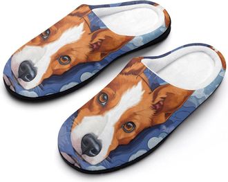 Generic Lying Basenji Dog Slippers Men Winter Warm Cotton Anti-Slip Indoor Slip-Ons House Shoes