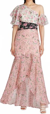 AMUR Alissa One Shoulder Flutter Gown In Peach Amber Multi