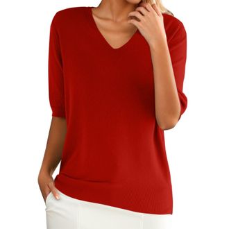 Generic Womens Summer Lightweight Knitted Jumper Thin Top Short Sleeve V-Neck Casual Knitted Jumper Elegant Spring Summer Sweatshirt Plain Short Sleeve Pullov