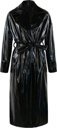 Generic Shiny Reflective PU Leather Long Overcoat Pvc Leather Holographic Trench Coat For Women Holographic black XXL