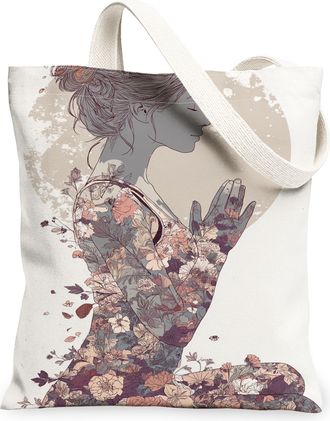 Generic Floral Canvas Tote Bags, Vintage Elegant Design Reusable Grocery Bags, Lightweight Washable Shoulder Strap Canvas for Trave, Beige, 13x15 Inch