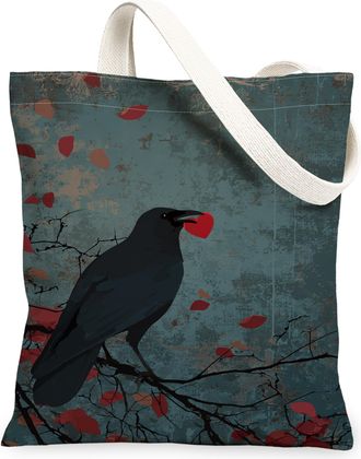 Generic Vintage Raven Canvas Tote Bags, Artistic Black Bird Design Reusable Grocery Bags, Fall Lightweight Washable Shoulder Strap, Black, 13x15 Inch