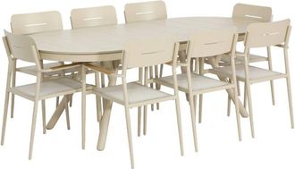 Sweeek Oval extendable garden table 220/280cm aluminium + 8 armchairs beige - Metora + Fira