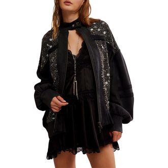 Free People Sparkle Front Zip Sweatshirt in Black Combo at Nordstrom Rack, Size X-Large