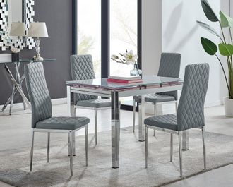 Furniturebox Enna White Glass Extending 4-6 Seater Dining Table & 4 Milan Faux Leather Chairs in Grey